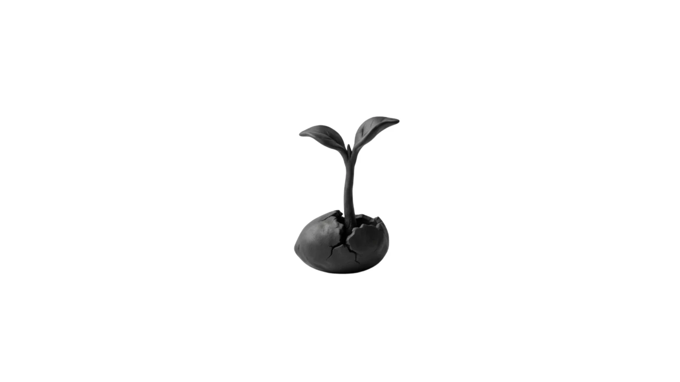 A black clay sprout breaking out of a seed, a metaphor for launching a startup