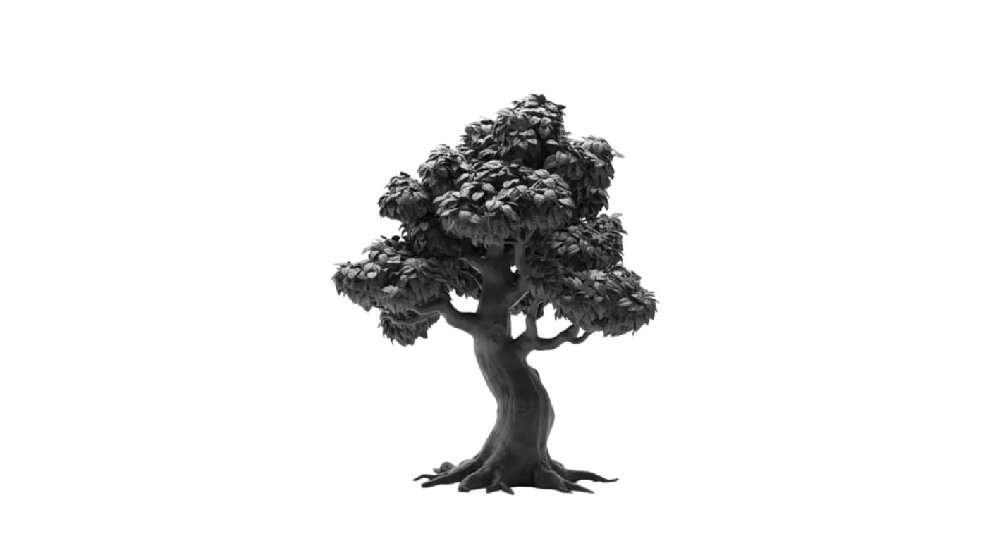 A black clay tree grown from a seed, a metaphor for a business scaling at maturity